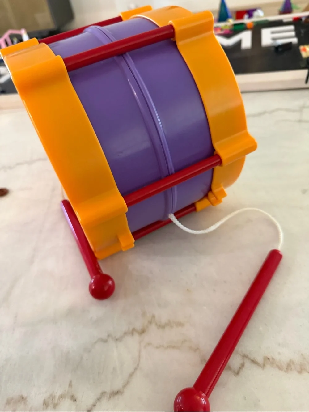 Little Tikes TOY DRUM with Drumsticks attached Red Blue Yellow Plastic Vintage